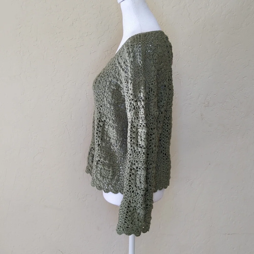 Zara Moss Green Limited Edition Crocheted Scoop Neck Sweater Size Small